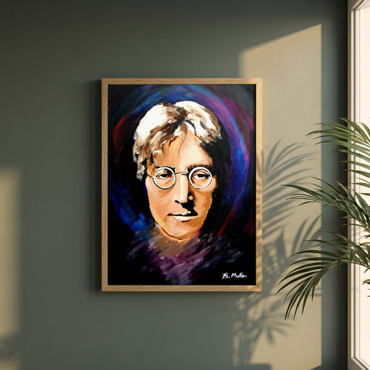 John Lennon Portrait framed print in a natural oak frame on a dark green wall beside a window, dappled plant shadow