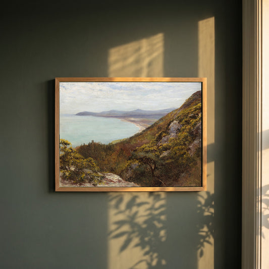 Killiney Bay Print | Francis S. Walker | framed print in a natural oak frame on a dark green wall beside a window, dappled plant shadow