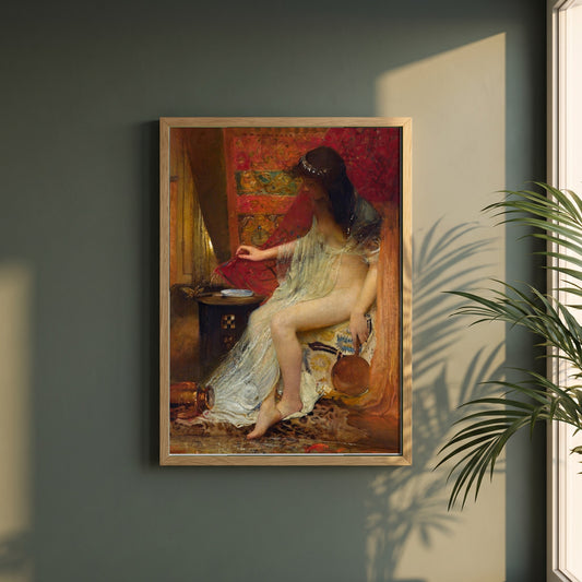 Lesbia’s Sparrow, Catullus By George William Joy framed print in a natural oak frame on a dark green wall beside a window, dappled plant shadow