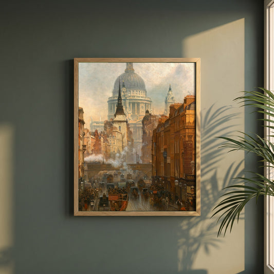 Ludgate, Evening framed print in a natural oak frame on a dark green wall beside a window, dappled plant shadow