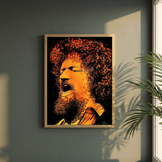Luke Kelly framed print in a natural oak frame on a dark green wall beside a window, dappled plant shadow