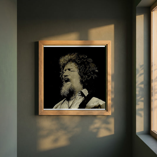 Luke Kelly framed print in a natural oak frame on a dark green wall beside a window, dappled plant shadow