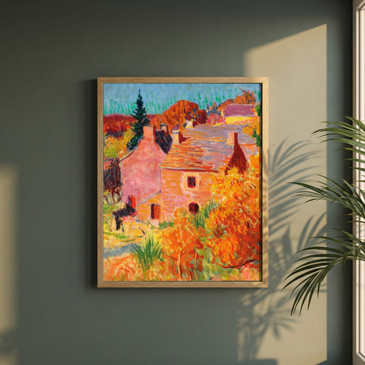Maisons Rouges à Pont-Aven framed print in a natural oak frame on a dark green wall beside a window, dappled plant shadow