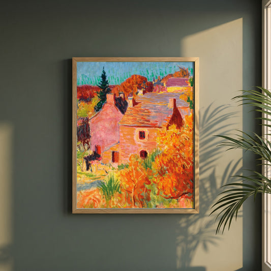 Maisons Rouges à Pont-Aven framed print in a natural oak frame on a dark green wall beside a window, dappled plant shadow