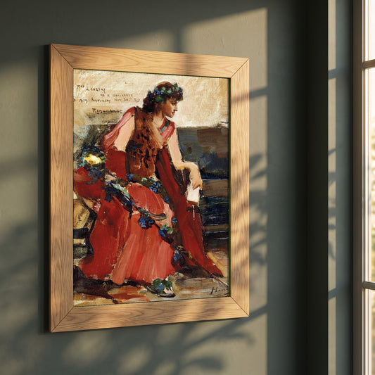 Mrs Langtry as a Bacchante John Lavery framed print in a natural oak frame on a dark green wall beside a window, dappled plant shadow