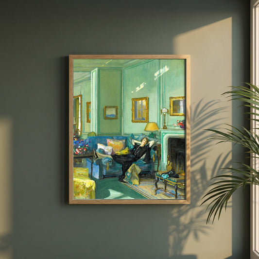 Mrs. Osler framed print in a natural oak frame on a dark green wall beside a window, dappled plant shadow