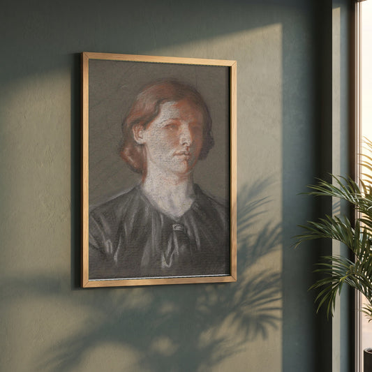 Portrait of Grace framed print in a natural oak frame on a dark green wall beside a window, dappled plant shadow