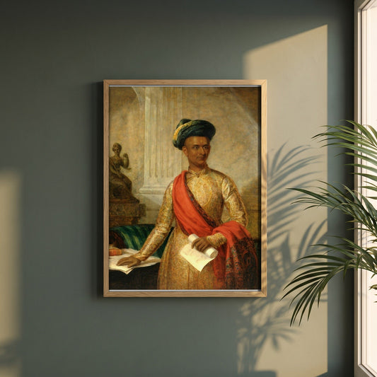 Purniya, Chief Minister of Mysore framed print in a natural oak frame on a dark green wall beside a window, dappled plant shadow