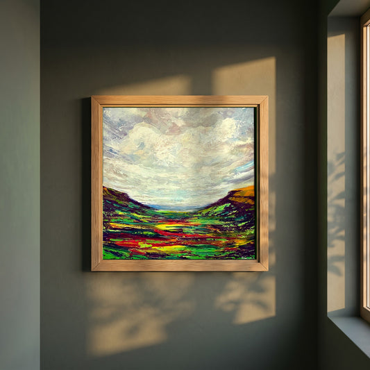Glenariff framed print in a natural oak frame on a dark green wall beside a window, dappled plant shadow