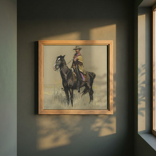 R.B. Cunninghame Graham on 'Pampa' framed print in a natural oak frame on a dark green wall beside a window, dappled plant shadow