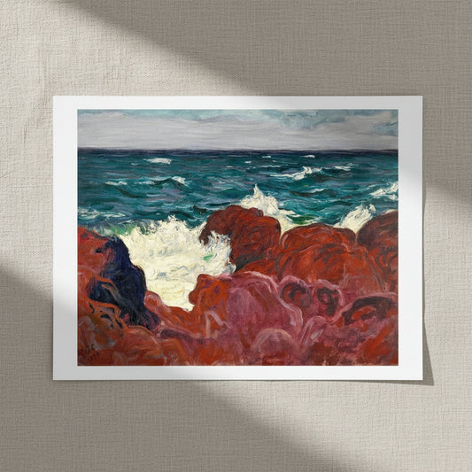 Red Rocks and Sea by Roderic O'Conor, unframed archival art print resting on light linen fabric in soft natural daylight, Buy Irish Art