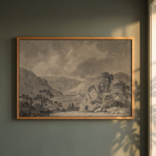 Saint Saviour's, Saint Kevin's and the Lower Lake, Glendalough framed print in a natural oak frame on a dark green wall beside a window, dappled plant shadow