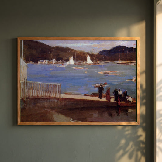 Sailing Boats on the Clyde, Hunter's Quay framed print in a natural oak frame on a dark green wall beside a window, dappled plant shadow