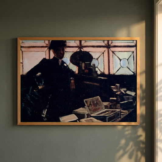 The Cigar Seller at the Glasgow International Exhibition framed print in a natural oak frame on a dark green wall beside a window, dappled plant shadow