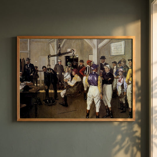 The Weighing Room, Hurst Park framed print in a natural oak frame on a dark green wall beside a window, dappled plant shadow