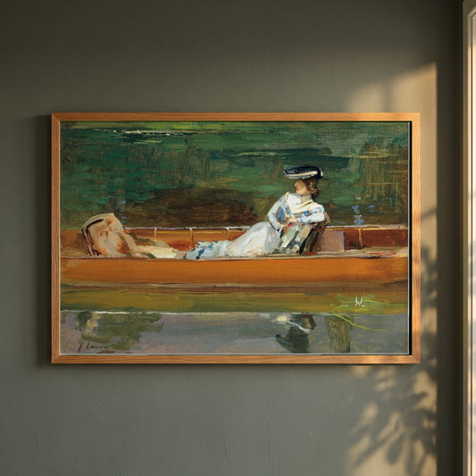 Summertime framed print in a natural oak frame on a dark green wall beside a window, dappled plant shadow
