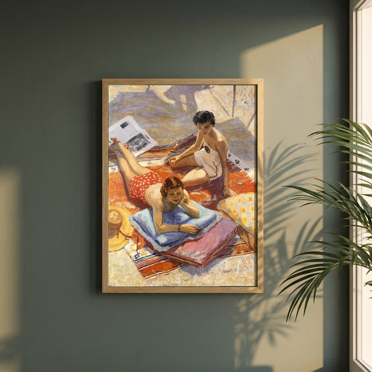 Sunbathers framed print in a natural oak frame on a dark green wall beside a window, dappled plant shadow