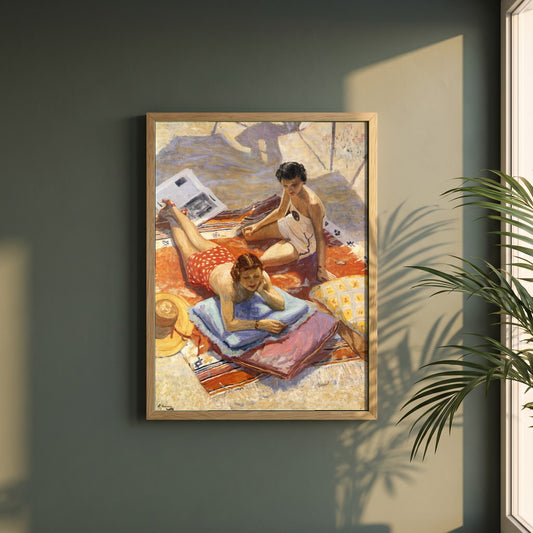 Sunbathers framed print in a natural oak frame on a dark green wall beside a window, dappled plant shadow