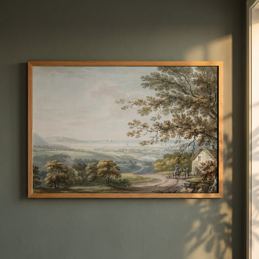 Thomas Sautelle Roberts framed print in a natural oak frame on a dark green wall beside a window, dappled plant shadow