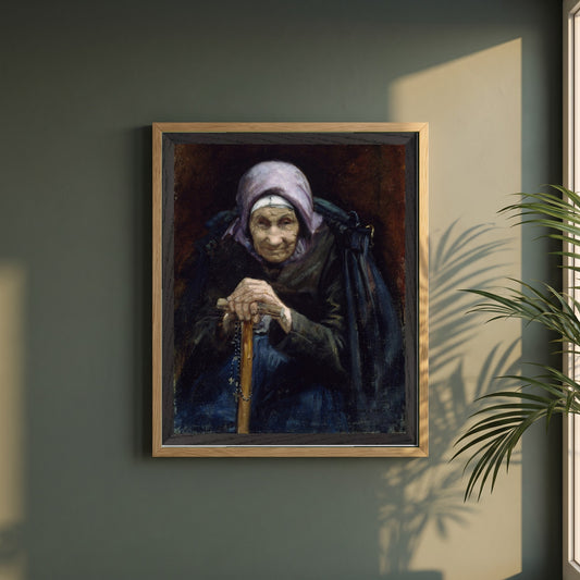 The Fisherman's Mother framed print in a natural oak frame on a dark green wall beside a window, dappled plant shadow