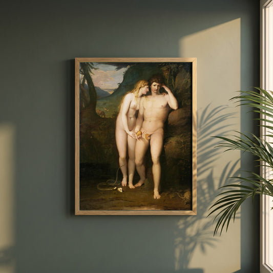 The Temptation of Adam framed print in a natural oak frame on a dark green wall beside a window, dappled plant shadow