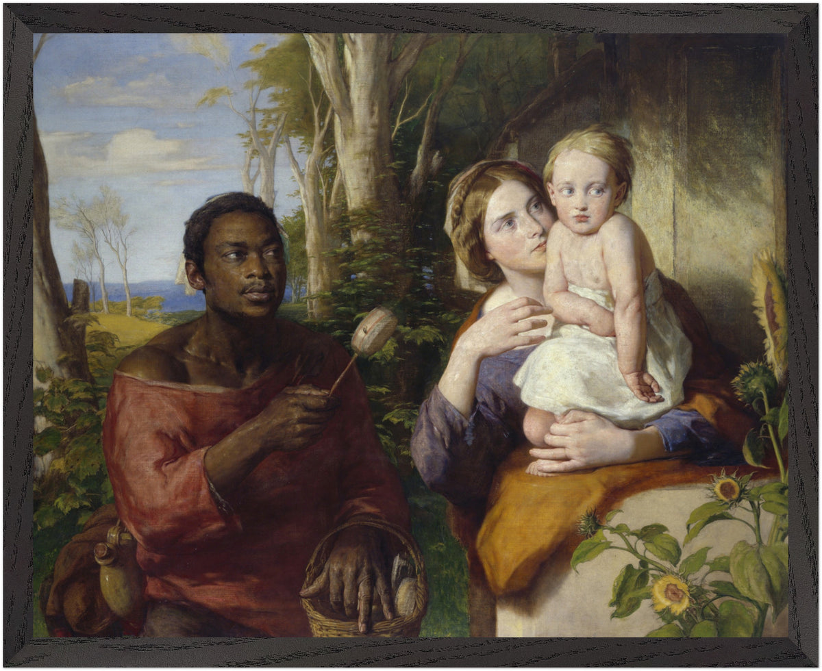 The Toy-Seller by William Mulready print in a black frame