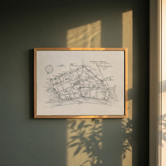 The Walls of Dublin framed print in a natural oak frame on a dark green wall beside a window, dappled plant shadow