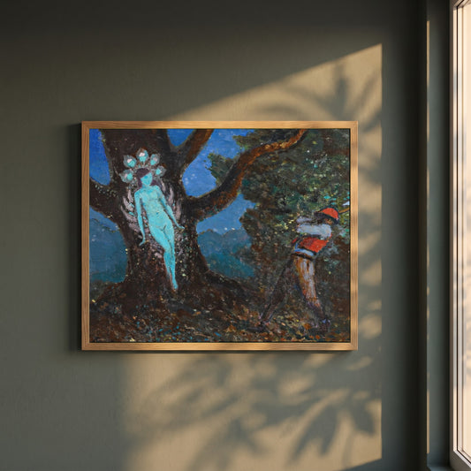 The Woodchopper and The Tree Spirit framed print in a natural oak frame on a dark green wall beside a window, dappled plant shadow