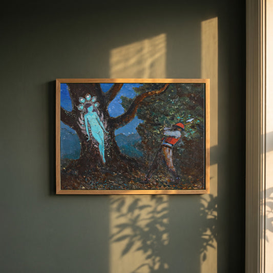 The Woodchopper and The Tree Spirit framed print in a natural oak frame on a dark green wall beside a window, dappled plant shadow