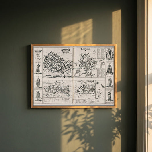 Town Plans of Dublin, Cork, Limerick & Galway 1618 framed print in a natural oak frame on a dark green wall beside a window, dappled plant shadow