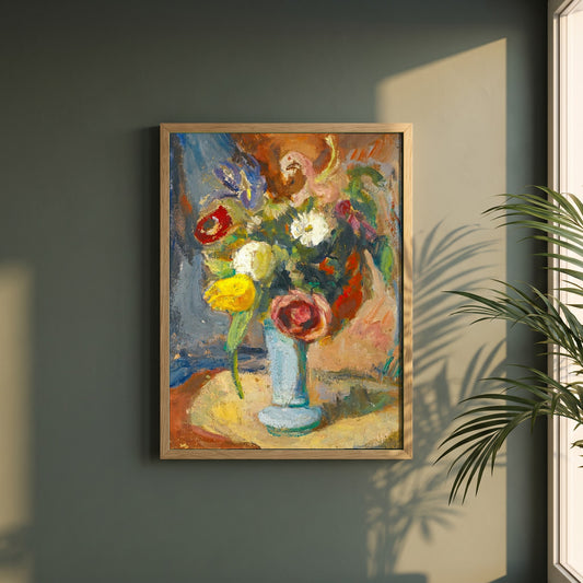 Still Life with Flowers framed print in a natural oak frame on a dark green wall beside a window, dappled plant shadow