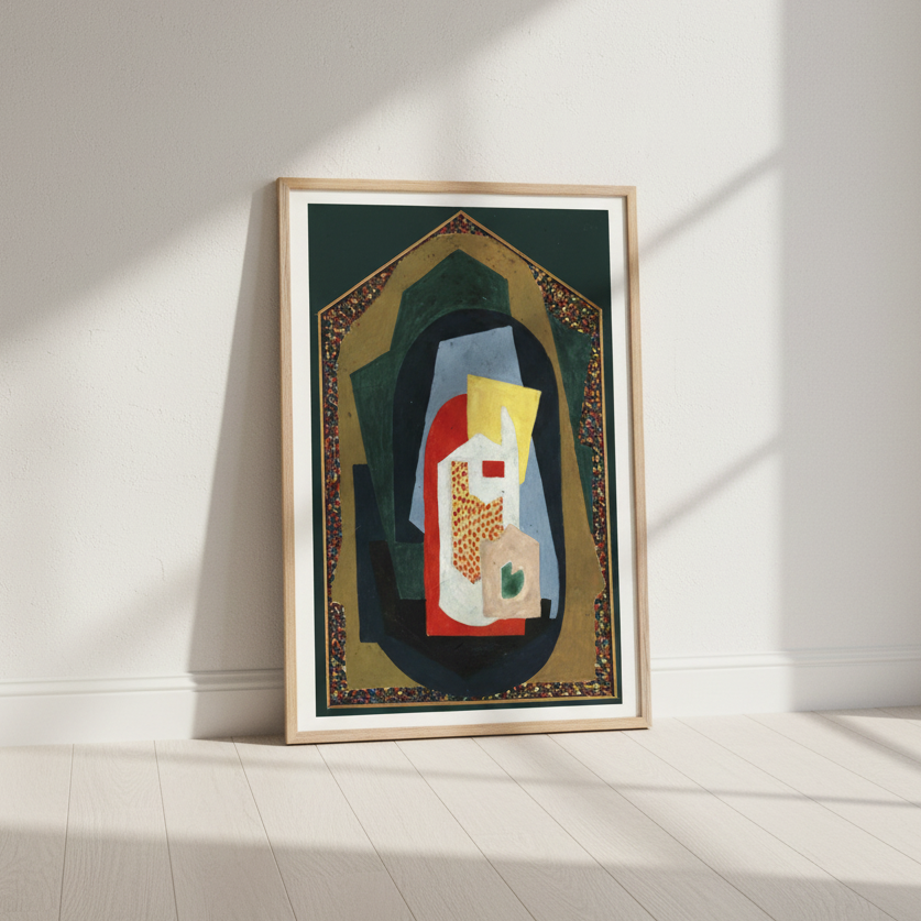 Decoration (1923) by Mainie Jellett in a light oak frame leaning against a white wall in diagonal sunlight