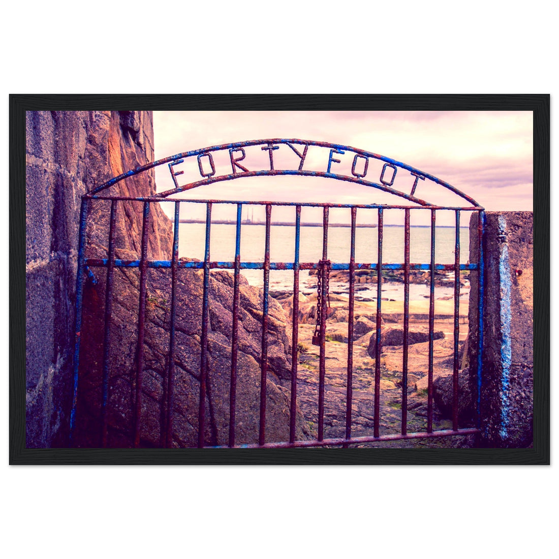 Forty Foot gate at Sandycove, a framed Irish sea swimming print with a wrought-iron gate at sunset