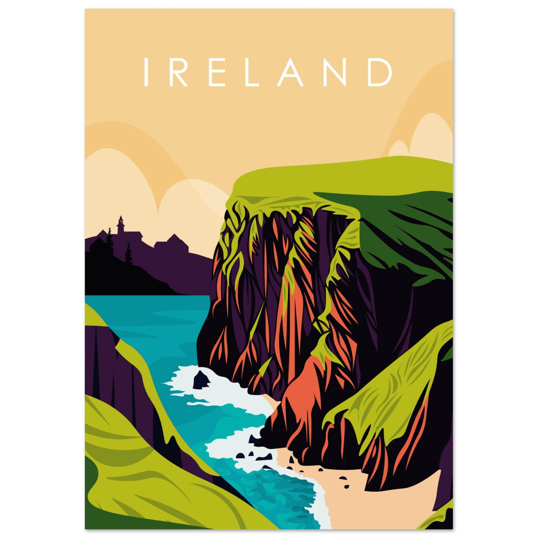 Ireland retro travel poster print of green sea cliffs above a turquoise cove under a peach sky