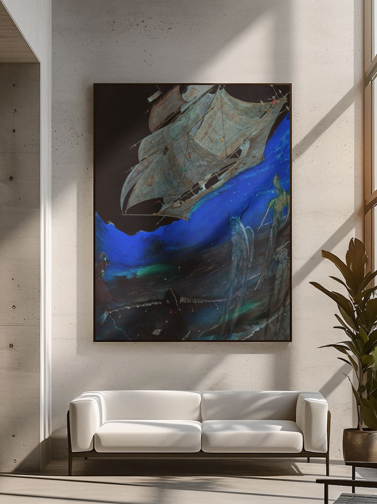 Edgar Allan Poe’s Tales of Mystery and Imagination by Irish Stain Glass Artist Harry Clarke-Art print placed next to a window