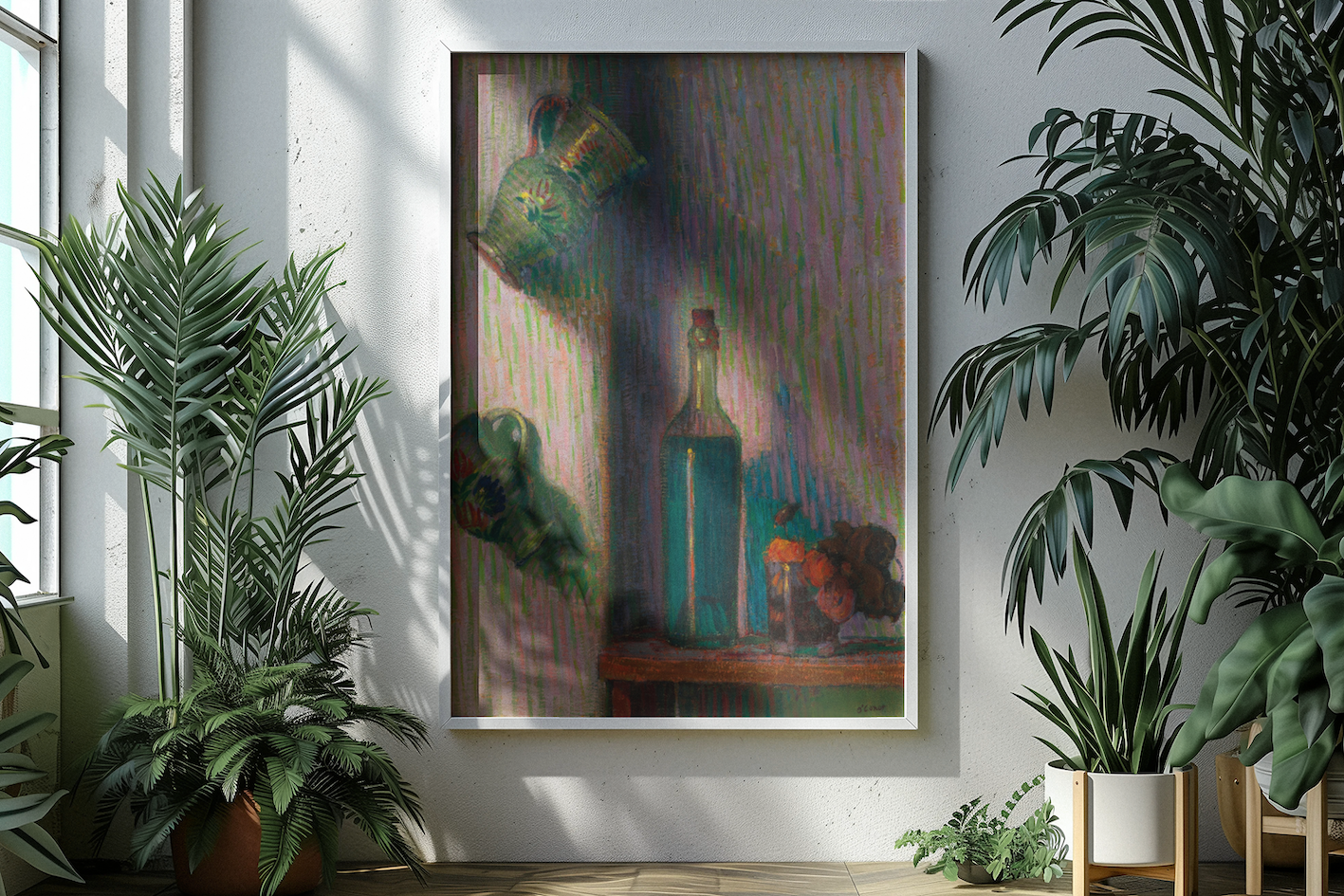Flowers-Bottle-and-Two-Jugs-by-Irish-Artist-Roderic-O'Conor-Art=Print-placed-in-a-relaxing-setting-with-indoor-plants
