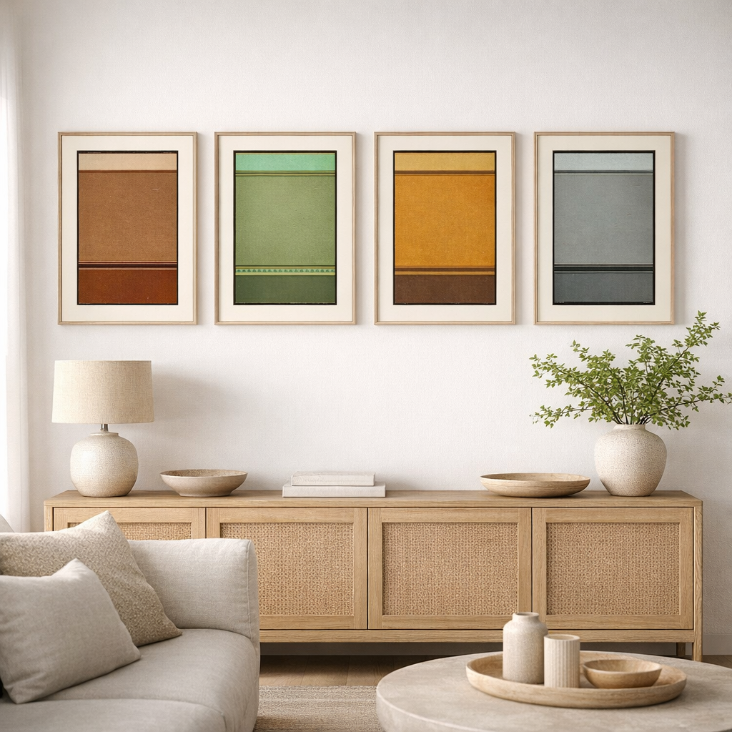 James Ward four Irish abstract colour field prints as gallery wall in natural wood frames above sideboard