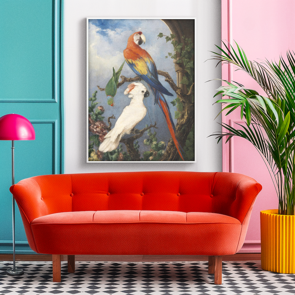 Paroquets by Irish Artist Edward Henry Murphy White Framed Art Print With a Red Sofa, Pink Lamp and a Yellow Plant Pot