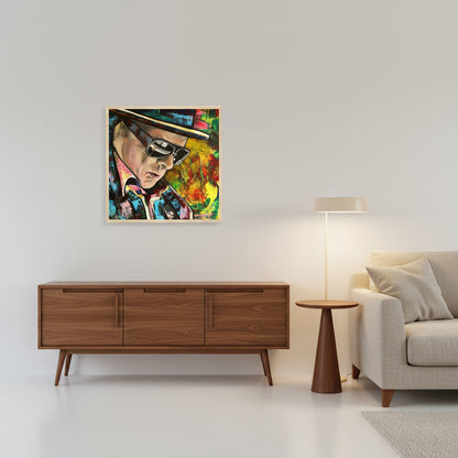 Van Morrison portrait art print by Irish Artist Mullan. Reflects his musical genius & poetic spirit. Tribute to Morrison's legacy, ideal for music & art enthusiasts.