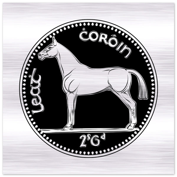 Old Irish Money Penny Half Crown Coin Irish Horse gebürsteter Aluminiumdruck 