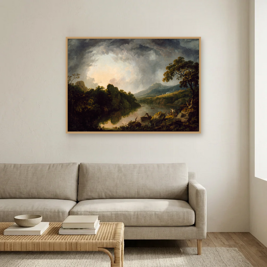 An Extensive Wooded River Landscape with Fishermen art print, framed and hung in a living room