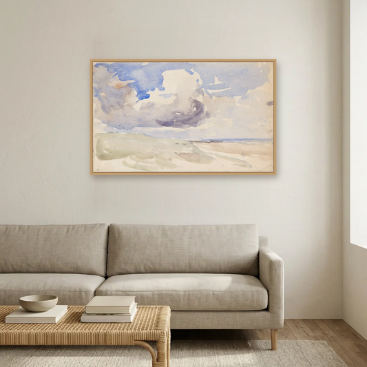 Low Clouds over a Beach art print, framed and hung in a living room