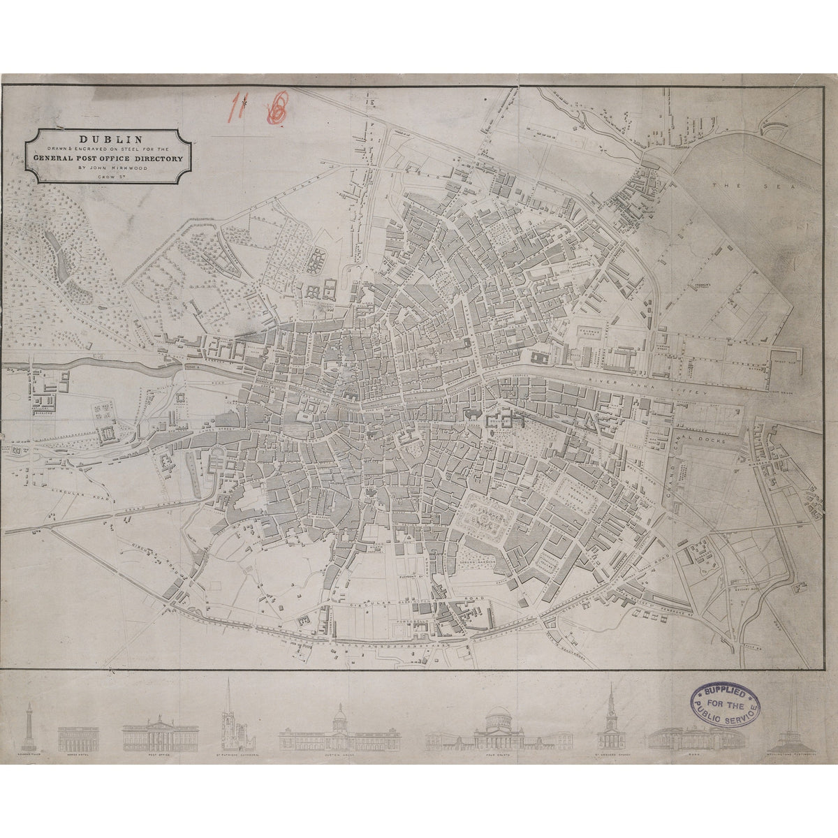 Plan of Dublin c.1830 by John Kirkwood for the General Post Office Directory, with elevations of Nelson's Pillar, the GPO and Custom House - vintage Dublin map print