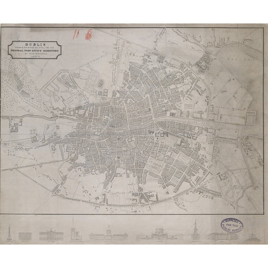 Plan of Dublin c.1830 by John Kirkwood for the General Post Office Directory, with elevations of Nelson's Pillar, the GPO and Custom House - vintage Dublin map print