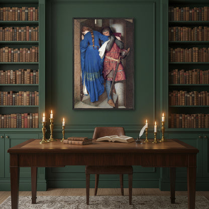 A framed fine art print of The Meeting on the Turret Stairs displayed above a dark oak writing desk in a Georgian library. Rich green walls, leather-bound books, and candlelight evoke an atmosphere of Irish romance and heritage
