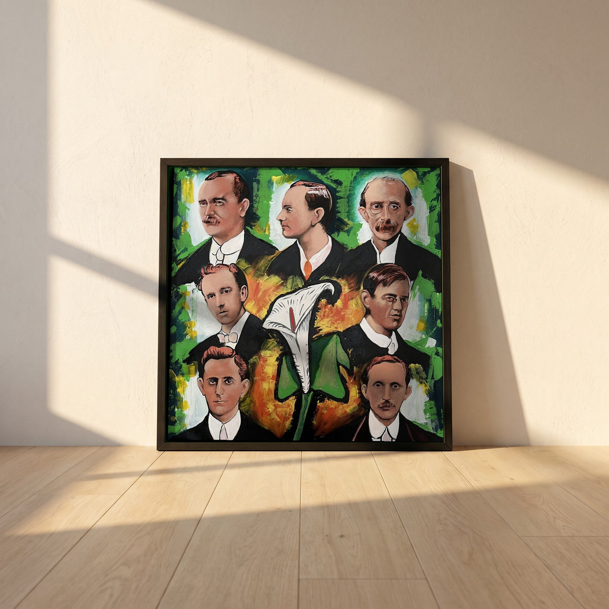 1916 Proclamation framed print in a black frame leaning against a white plaster wall on oak floorboards in morning light