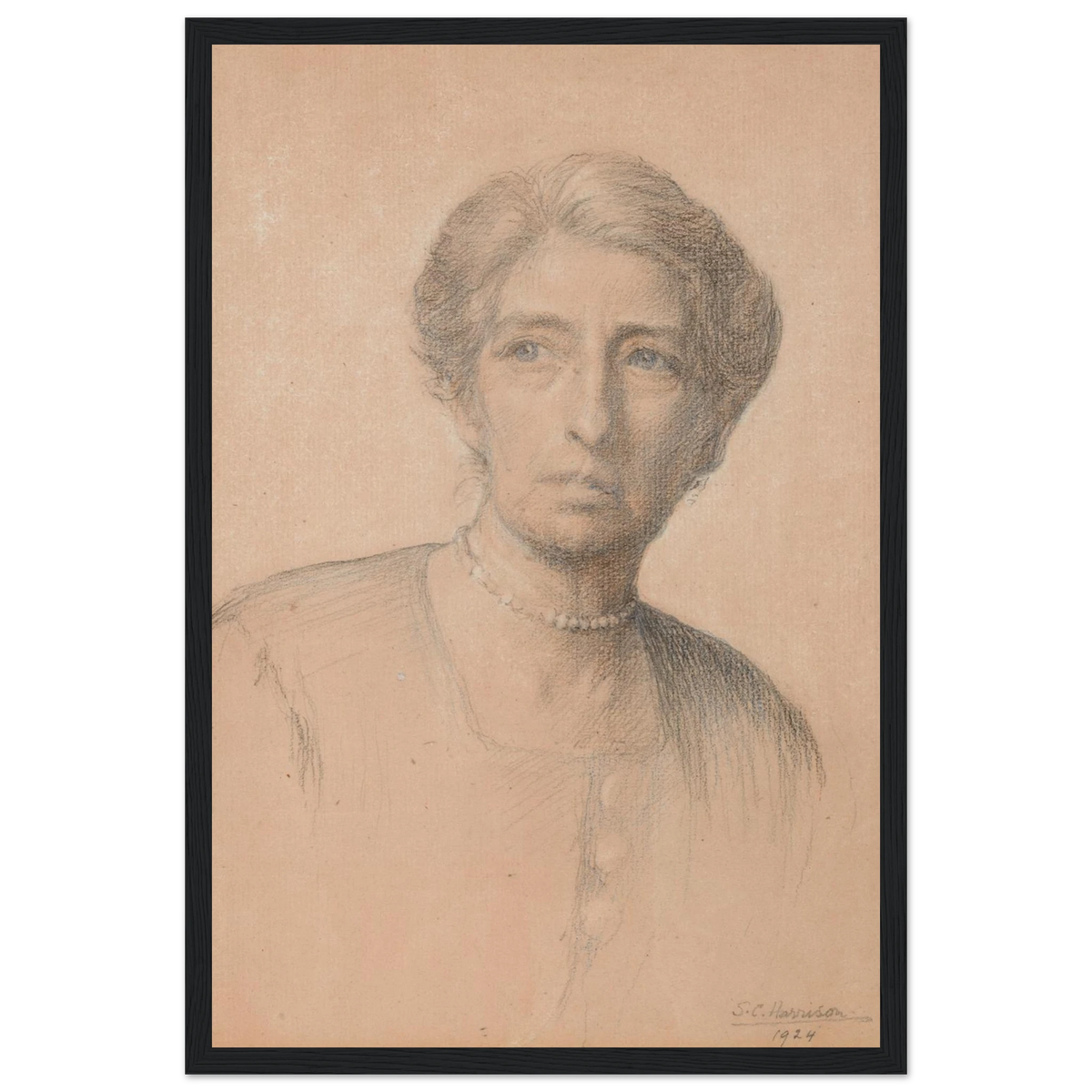 Drawing of the pianist Edith Best, née Oldham, by Sarah Cecilia Harrison, art print in a black frame, 30x45 cm