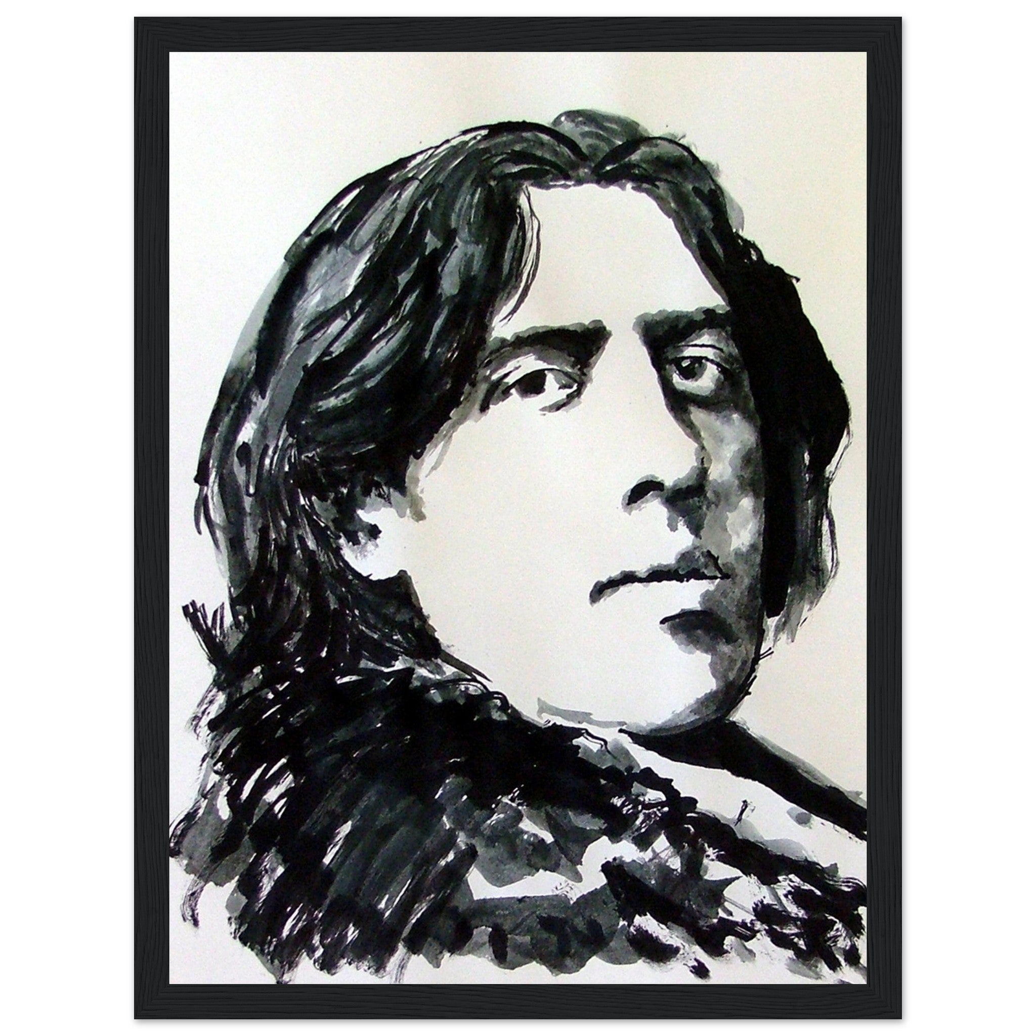 Oscar Wilde Black Wooden Framed Art Print, a tribute to the enduring wit and wisdom of the legendary Irish playwright, poet, and author. Expertly created by Irish artist Ó Maolain.