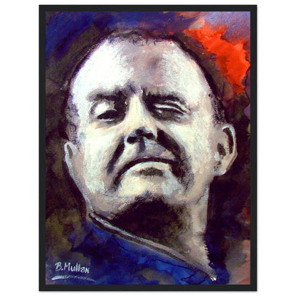 Portrait of Christy Moore, Irish folk singer-songwriter. Art print by B. Mullan, featuring iconic songs like 'Ride On' and 'The Voyage'. Celebrate Irish music and culture with this vibrant wall art.