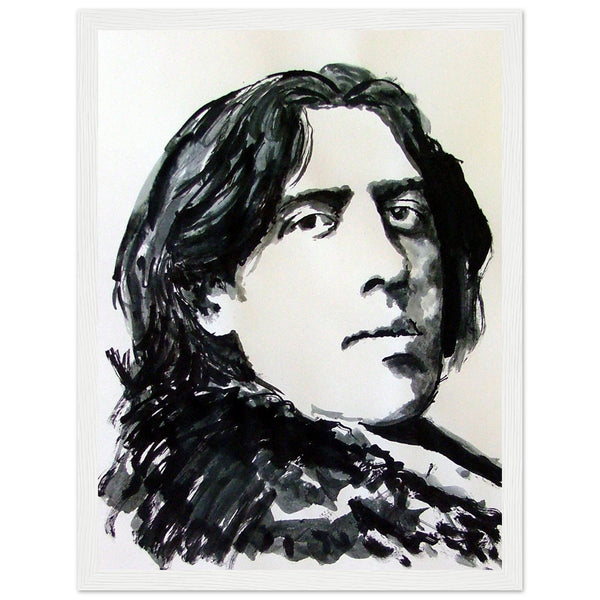 Oscar Wilde White Wooden Framed Art Print, a tribute to the enduring wit and wisdom of the legendary Irish playwright, poet, and author. Expertly created by Irish artist Ó Maolain.